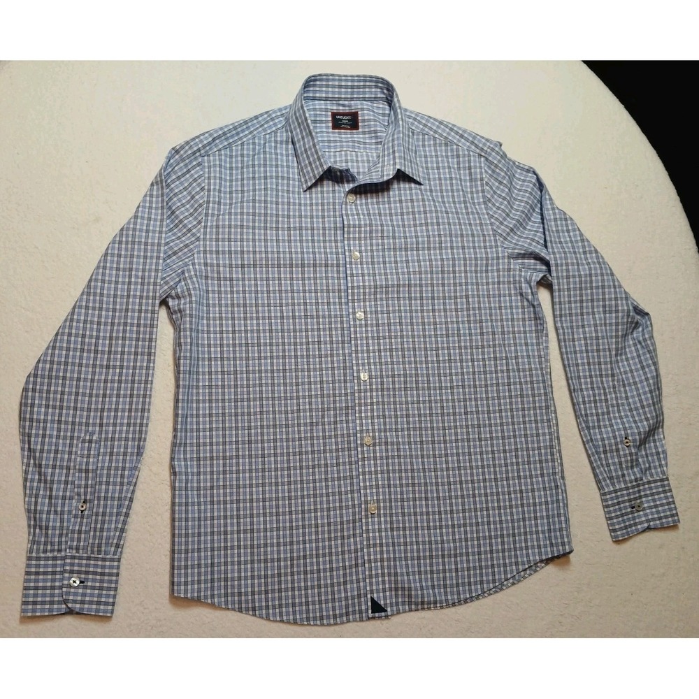 UNTUCKit Men's Blue Plaid Button Front Wrinkle Free Long Sleeve Shirt Size Large